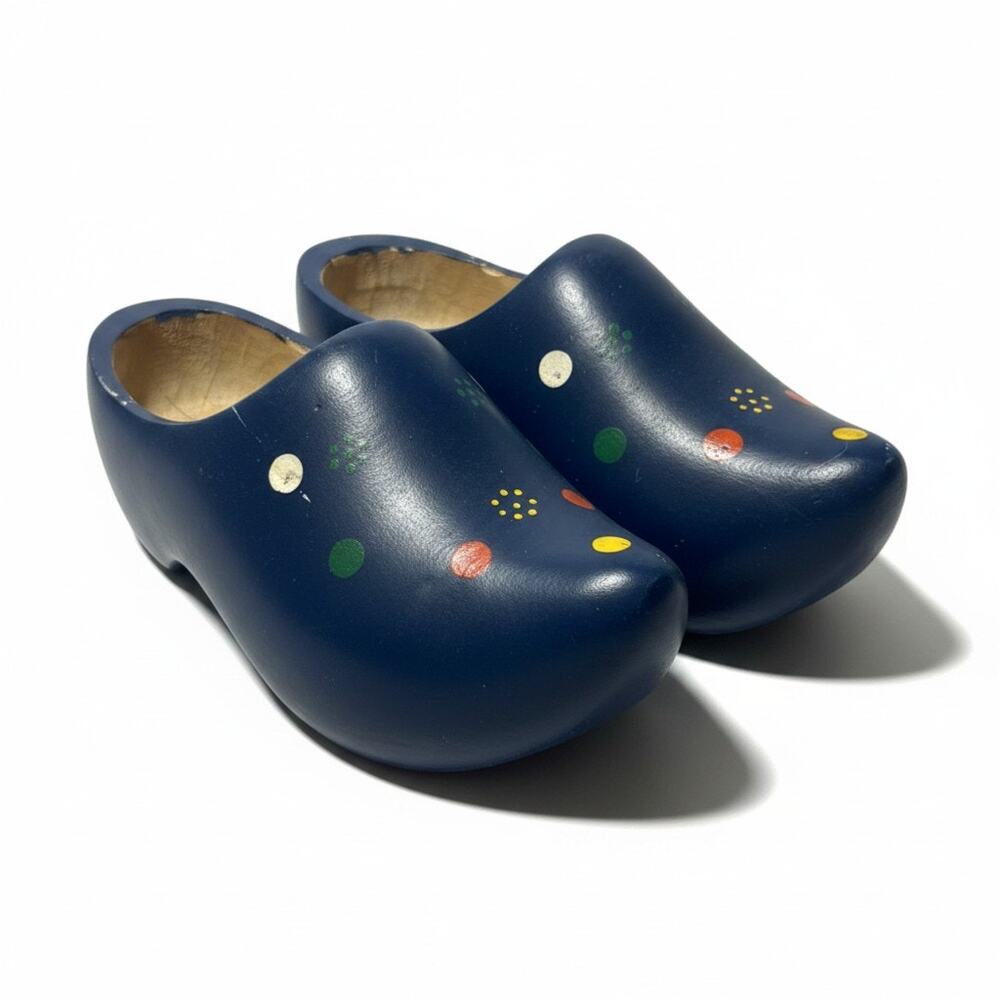 Vintage Hand Painted Dutch Wooden Clogs Shoes 35 Navy Blue Klompen Polka Dots